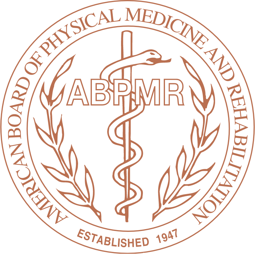 A circular logo for the American Board of Physical Medicine and Rehabilitation. The center contains a Rod of Asclepius flanked by two olive branches.